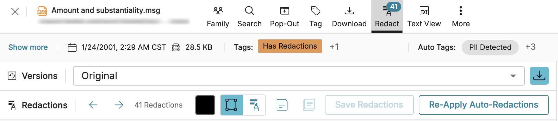 Document interface showing redactions, version history, and file details for review.